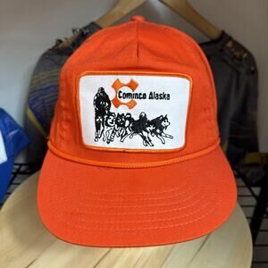 Vintage Cominco Alaska Patch Strapback Hat Cap Trucker Dog Sledding Orange